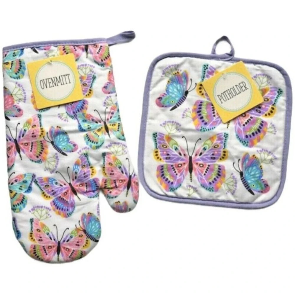 Spring Butterflies Butterfly Cotton 2-Piece Potholder Oven Mitt Set Colorful